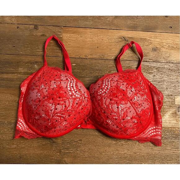 Victorias Secret 36D red lace rhinestone plunge push-up bra - Picture 1 of 5